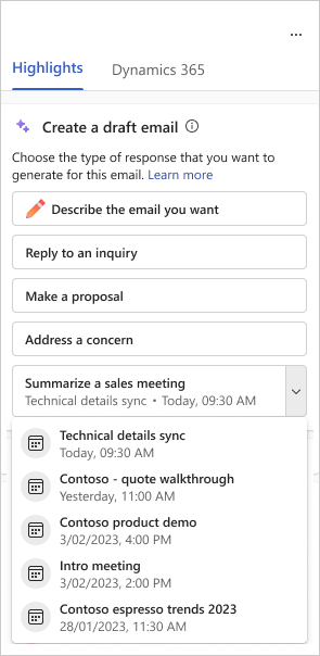 Screenshot showing where to select a meeting to summarize.