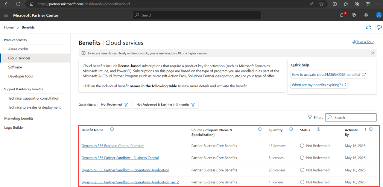Screenshot of Cloud benefits page.