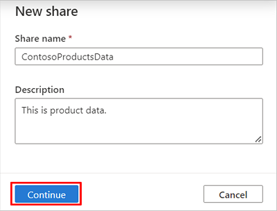 Screenshot showing create share and enter details window, with the Continue button highlighted.