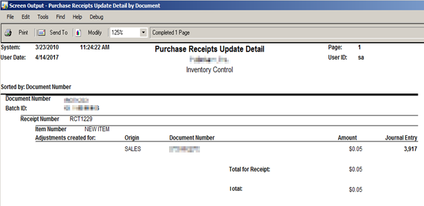 Screenshot of the Purchase Receipts Update Detail for Purchase Order.