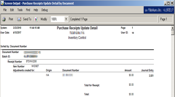 Screenshot of Purchase Receipts Update Detail for Inventory.