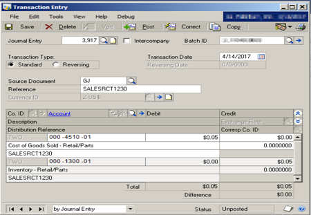 Screenshot of the Transaction Entry window for Purchase Order.