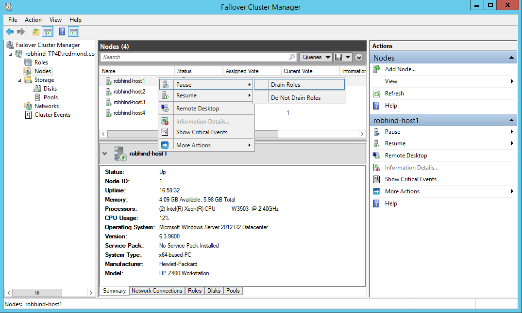 Screencap showing how to drain roles with the Cluster Manager UI
