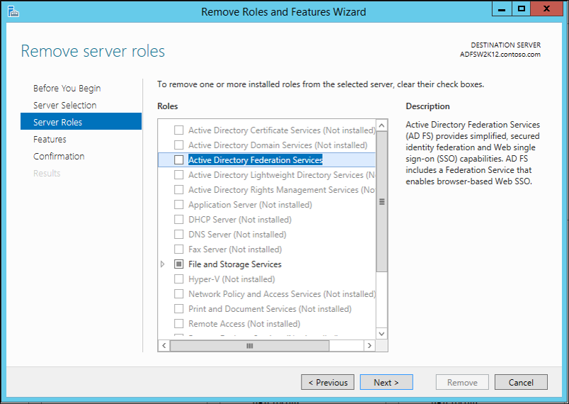 Screenshot that shows how to remove the server by deselecting the Active Directory Federation Services option.