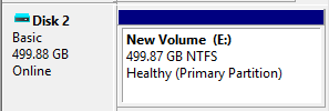 Screenshot that shows a disk that's online and with a healthy volume.