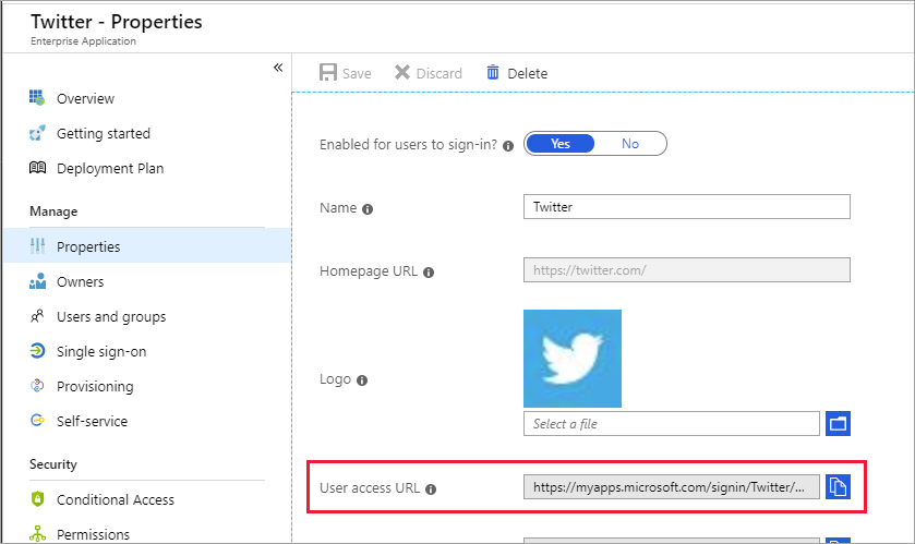 Example of the User access URL in Twitter properties