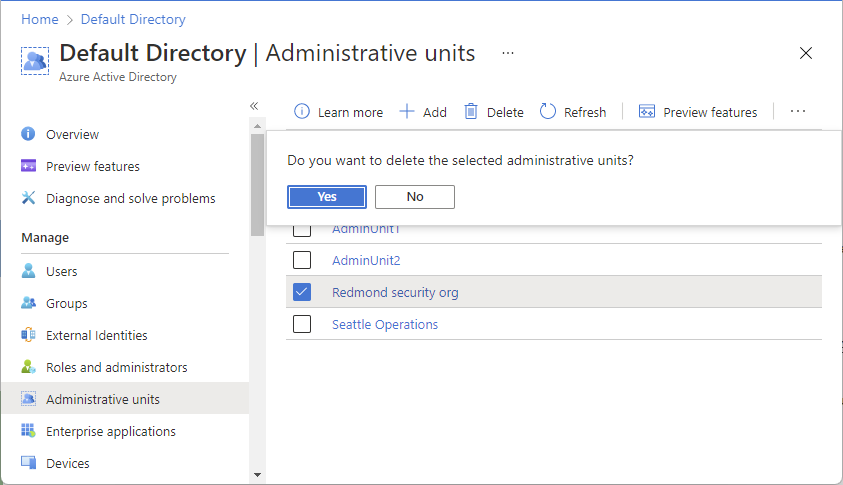 Screenshot of the administrative unit Delete button and confirmation window.