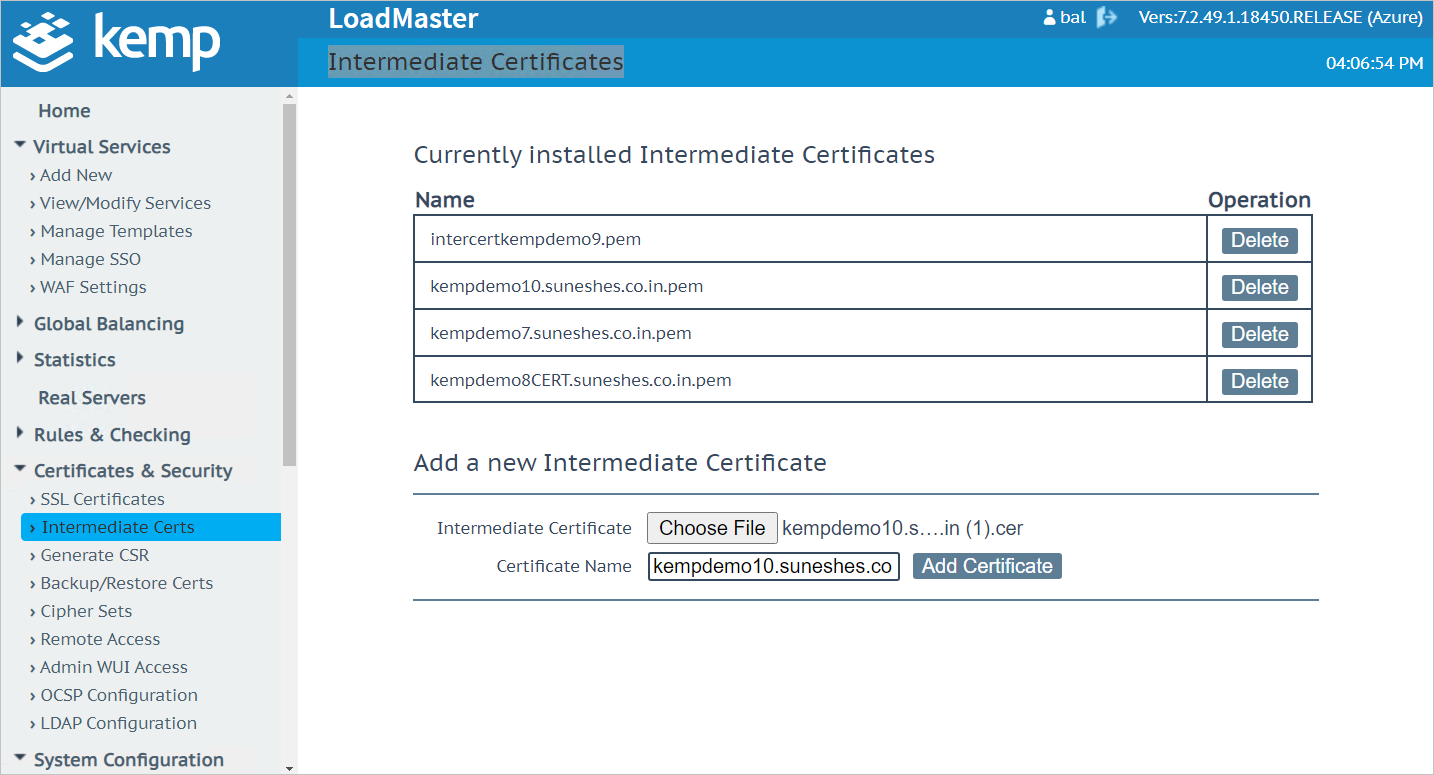 Screenshot that shows the "Currently installed Intermediate Certificates" section with an example certificate selected.