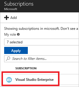 Screenshot of the Azure portal subscriptions list, highlighting a specific subscription link.