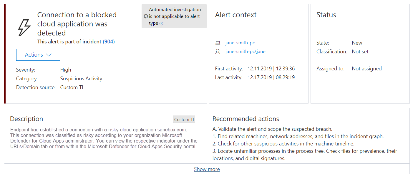 Screenshot showing Defender for Endpoint unsanctioned app alert.