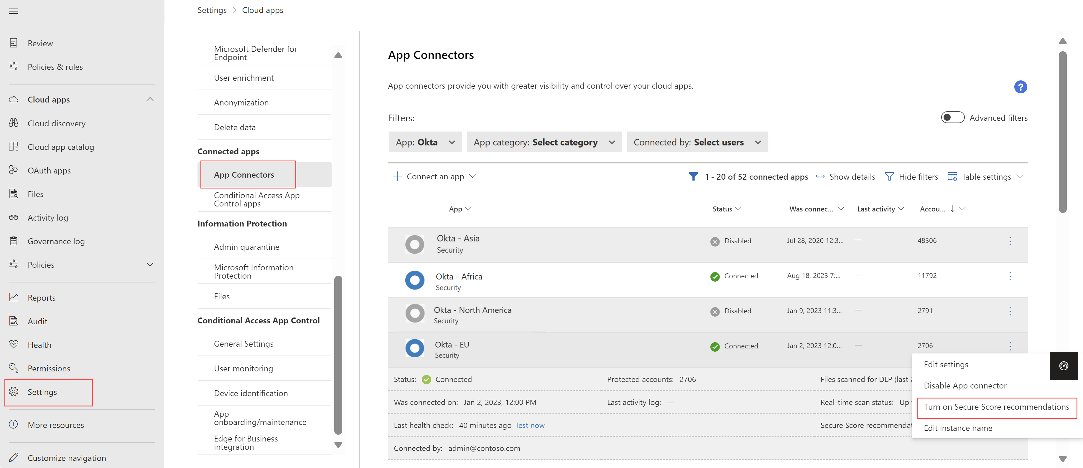 Screenshot of the Turn on Secure Score recommendations option.