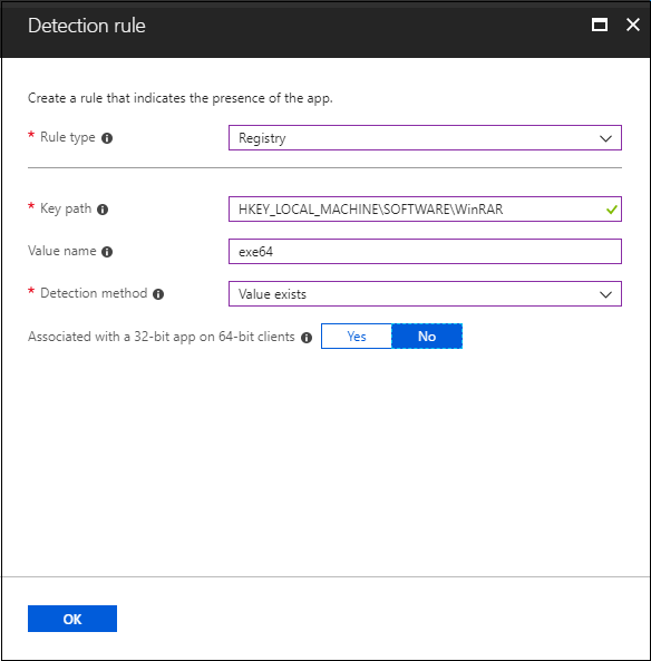 Screenshot of detection rule pane - registry value exists.