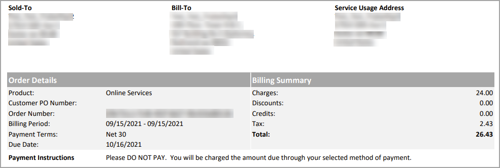 The main section on page one of the invoice.