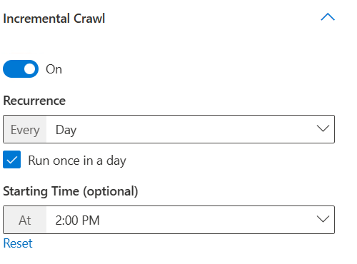 Screenshot that shows run incremental crawl daily at 2:00 PM