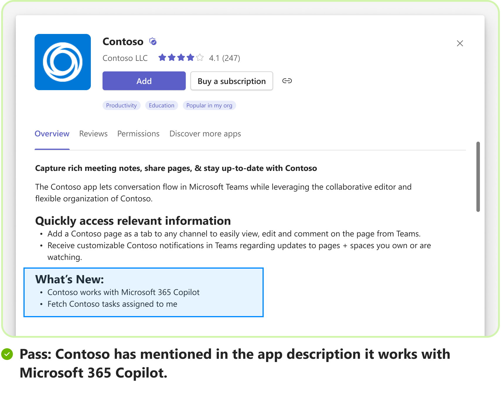 Screenshot shows a pass scenario with an example of sample prompt for message extension usage as a plugin in Copilot.