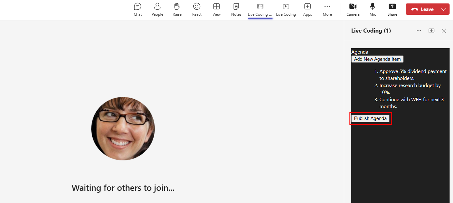 Screenshot of Teams meeting with Publish Agenda highlighted in red.