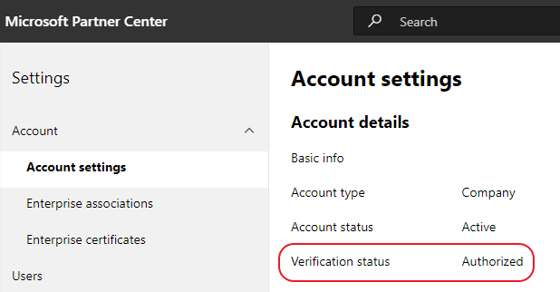 Screenshot shows the Partner Center Verification status.