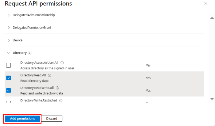 Screenshot shows the various API permissions.