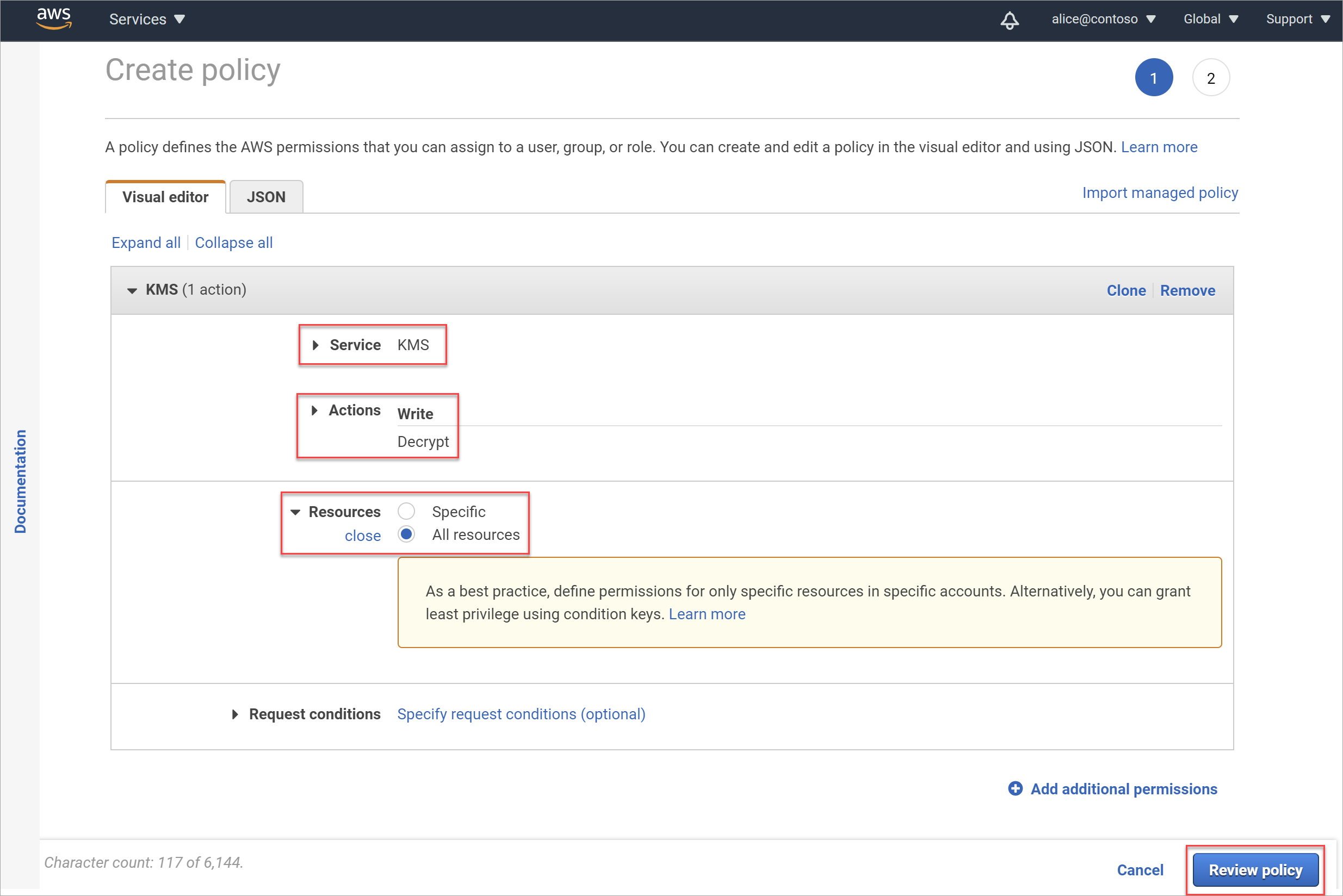 Create a policy for scanning a bucket with AWS-KMS encryption.