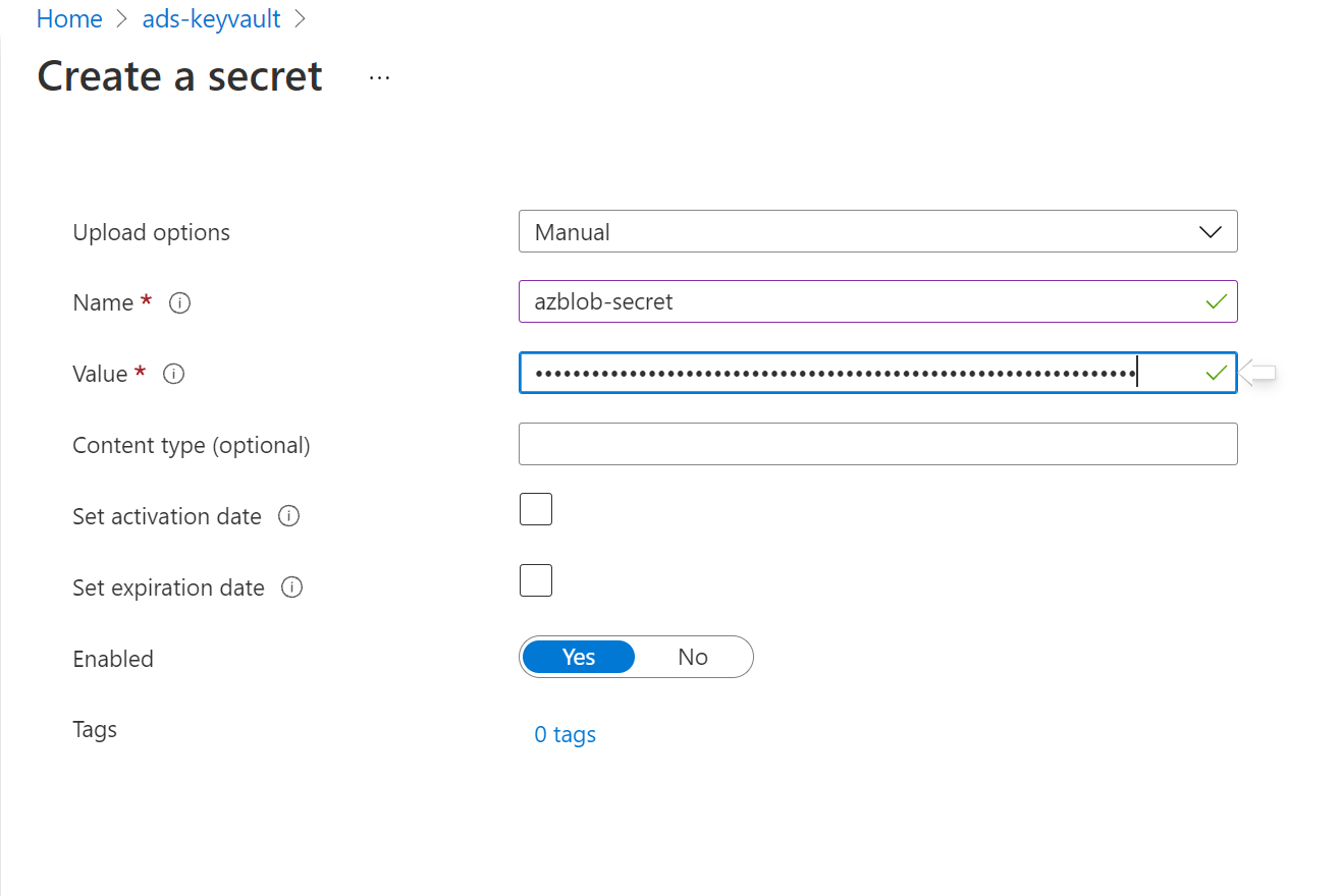 Screenshot that shows the key vault option to enter the secret values