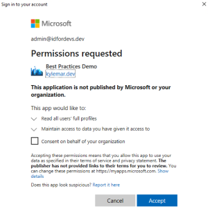 Screenshot of 'Permissions requested' dialog that describes the permissions the app is requesting with a checkbox to toggle 'Consent on behalf of your organization.'