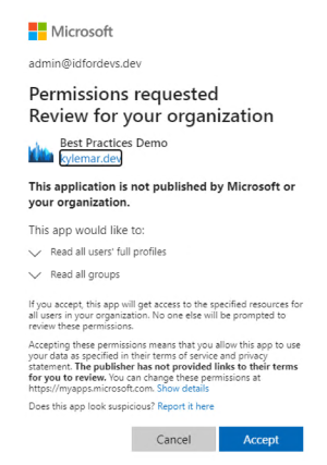 Screenshot of 'Permissions requested Review for your organization' dialog that describes the permissions the app is requesting with Cancel and Accept buttons.