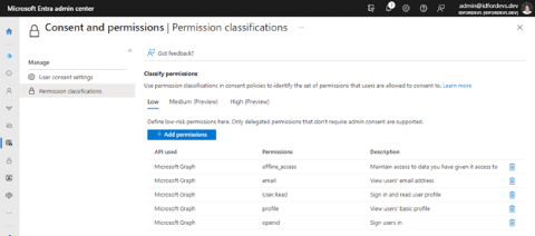 Screenshot of Microsoft Entra admin center 'Permission classifications' that configures permission classifications that allow user consent.