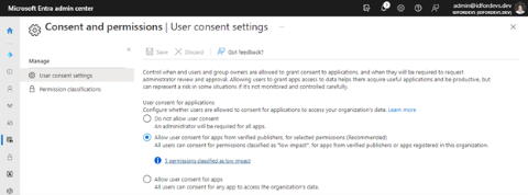 Screenshot of Microsoft Entra admin center 'User consent settings' that configure consent for apps from verified publishers.