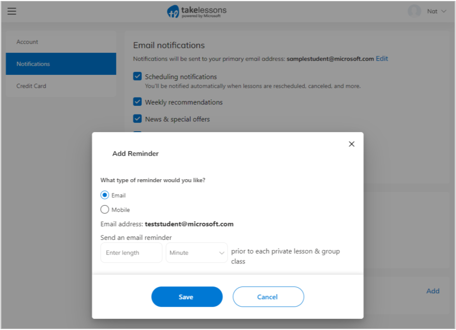 TakeLessons Account Settings - Add Reminders