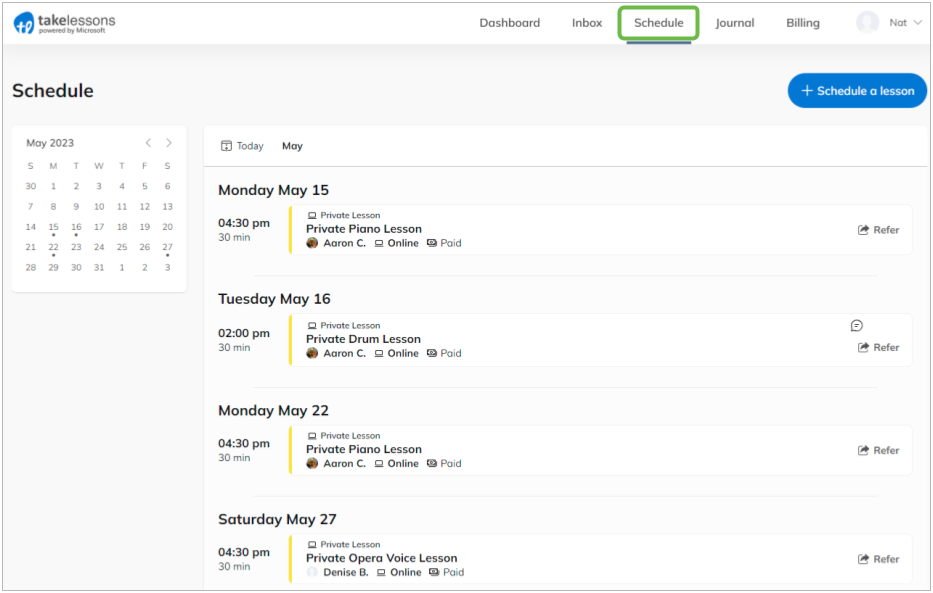 TakeLessons Schedule Tab - Upcoming Lessons