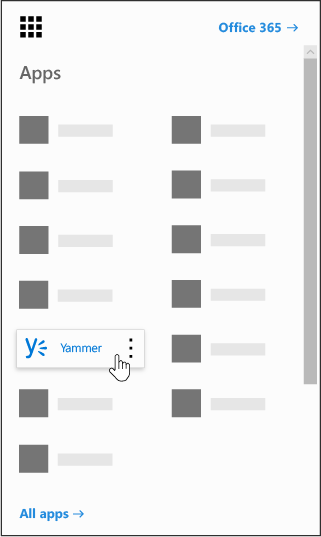 The Office 365 app launcher with the Yammer app highlighted.