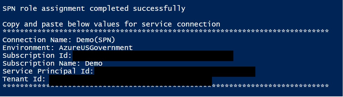 Service connection values displayed after running the PowerShell script.