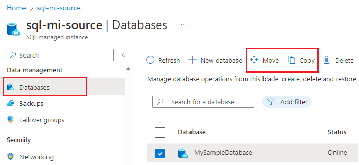 Screenshot of the 'Databases' page for Azure SQL Managed Instance, with the 'Move' and 'Copy' options highlighted.
