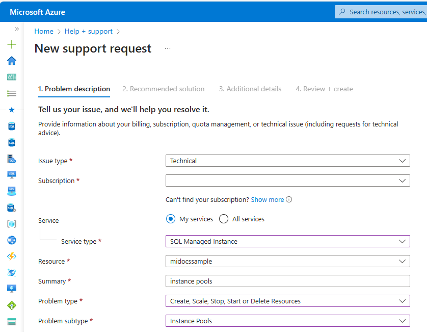 Screenshot of the Instance pools support request in the Azure portal.