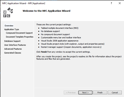 Screenshot of the MFC Application wizard in Visual Studios 2015.