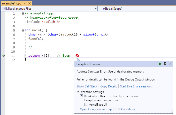 Screenshot of the debugger displaying use of deallocated memory error for example 1.