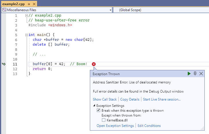 Screenshot of the debugger displaying use of deallocated memory error in example 2.
