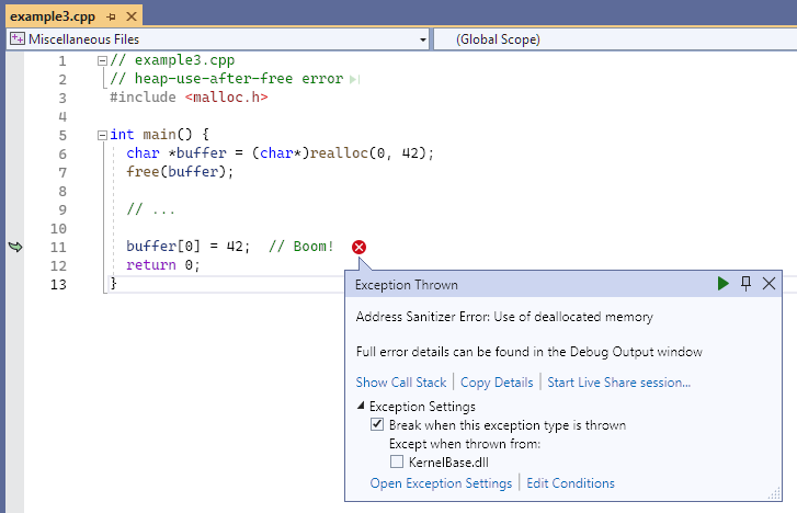 Screenshot of the debugger displaying use of deallocated memory error in example 3.