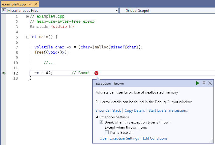 Screenshot of the debugger displaying a use of deallocated memory error in example 4.