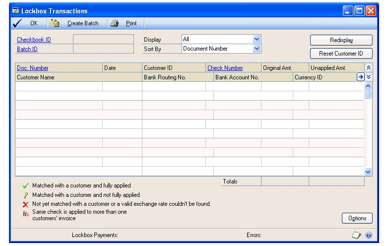 Screenshot of the Lockbox Transactions window.