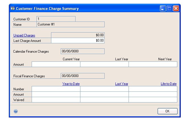 Screenshot of the Customer Finance Charge Summary window for customer number one, showing default and empty input boxes.