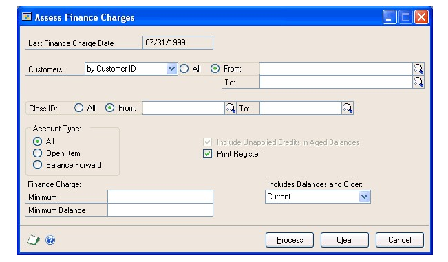 Screenshot of the Assess Finance Charges window, showing default entries and empty input boxes.