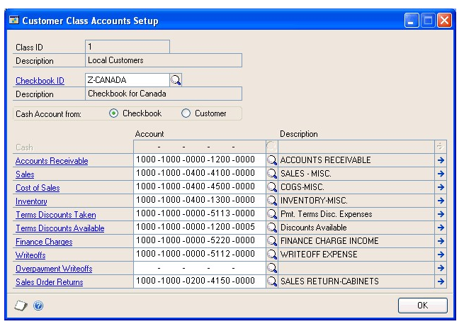 Screenshot of the window, showing example checkbook account numbers and descriptions.