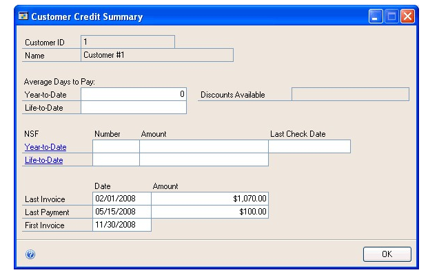 Screenshot of the window, showing example inputs for customer number one after a one hundred dollar payment on a one thousand and seventy dollar invoice.