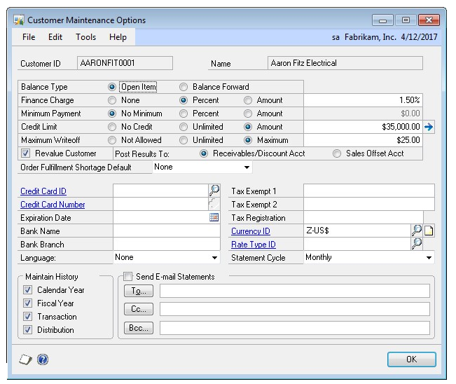 Screenshot of the window, showing customer payment and payment type information, with options to send E mail statements at the bottom.