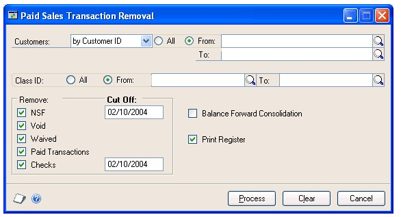 Screenshot of the Paid Sales Transaction Removal window, showing default entries and empty input boxes.