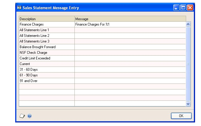 Screenshot of the window, showing example descriptions, including Finance Charges, NSF Check Charge, and Current. There is one example message that states, finance charges for 1%.