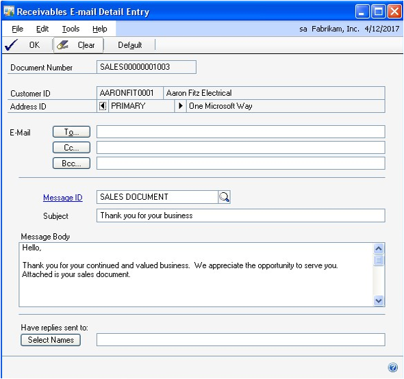 Screenshot of the Receivables E-mail Detail Entry window.