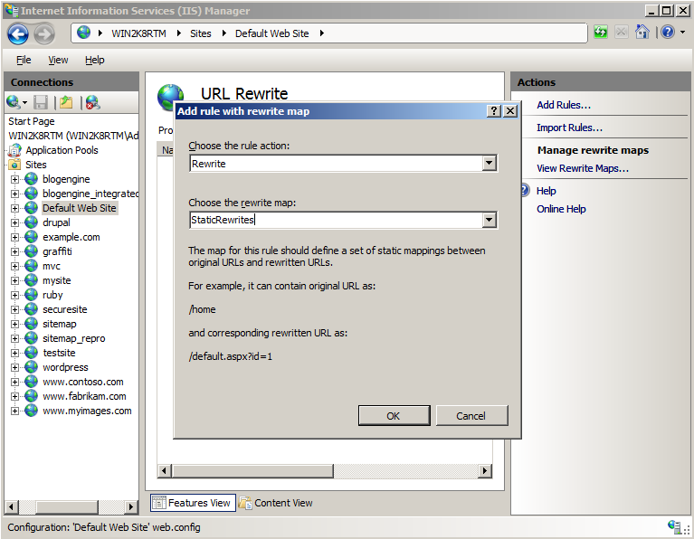 Screenshot of the Add rule with rewrite map dialog.
