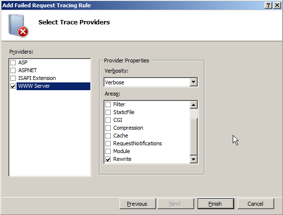 Screenshot of setting Providers to only W W W Server and Areas to only Rewrite.